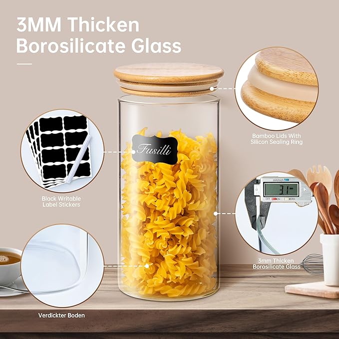 HomArtist 17oz - 4 Pack Glass Jars with Bamboo Lids, Glass Food Storage Containers with Airtight Lids, Air Tight Pantry Storage Containers for Coffee, Sugar, Spice, Meal Prep Jars for Salad & Fruit