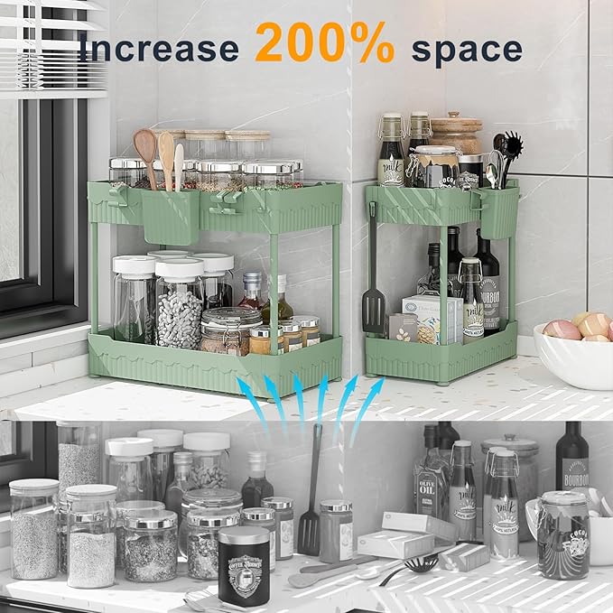 Sevenblue 2 Pack Under Sink Organizer, Under Bathroom Cabinet Organizer with Hooks Hanging Cup, Multi-Purpose Storage Shelf for Kitchen Bathroom (Green, XL)