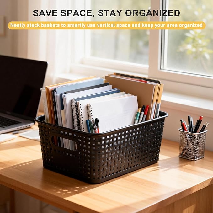 AREYZIN Small Plastic Storage Bins with Lids, 6-Pack Stackable Pantry Organizers and Storage Containers for Shelves, Closet Organization, Drawer Organizer Bins, Black & yellow lids