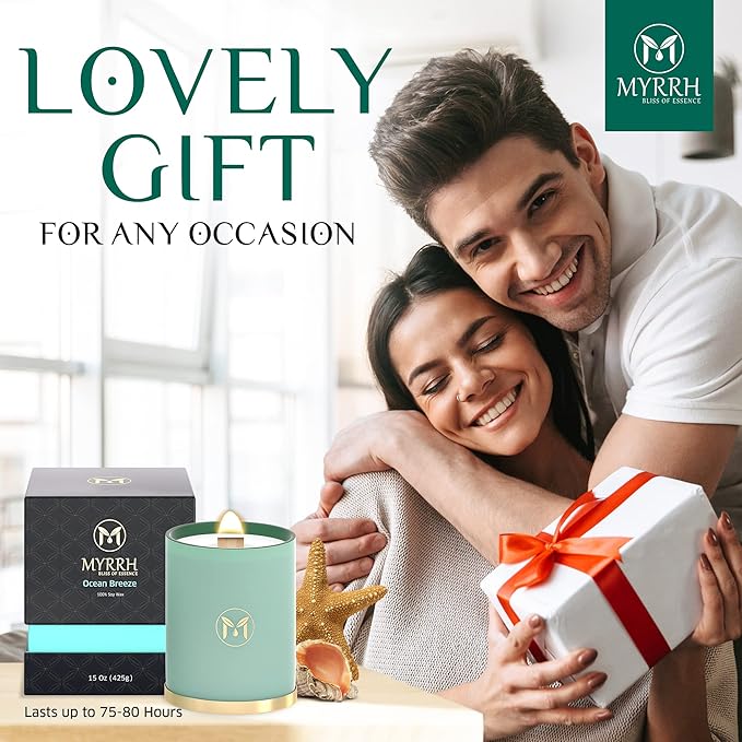 MyrrhUSA Ocean Breeze Scented Candle – 15 oz Natural Soy Wax with Crackling Wooden Wick & Essential Oils | 80 Hour Burn | Luxury Aromatherapy Candle for Relaxation, Home Décor, Living Room & Bathroom