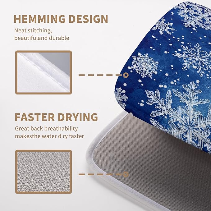 Winter Blue Snowflake Dish Drying Mat for Kitchen Counter Merry Christmas Snowflakes Drying Mats Xmas Holiday Dish Draining Mat Microfiber Absorbent Dish Drainer Rack Pad 18x24 Inch