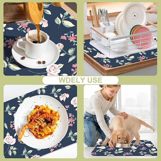 Kitchen Mat Vintage Pink Flower Dish Drying Mat 12"x19" Bsorbent Coffee Maker Mat for Sink Dishes or Under Rack Kitchen Counter Accessories Absorbent Hide Stain Rubber Backed Dish Drying Pad