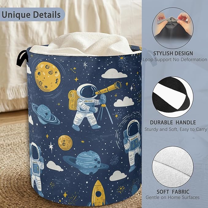 Astronaut Laundry Basket,Rocket Planet Foldable with Handles Tote Bag Oxford Cloth for Bathroom Bedroom Dirty Clothes Storage Bucket 16" x 20.8"