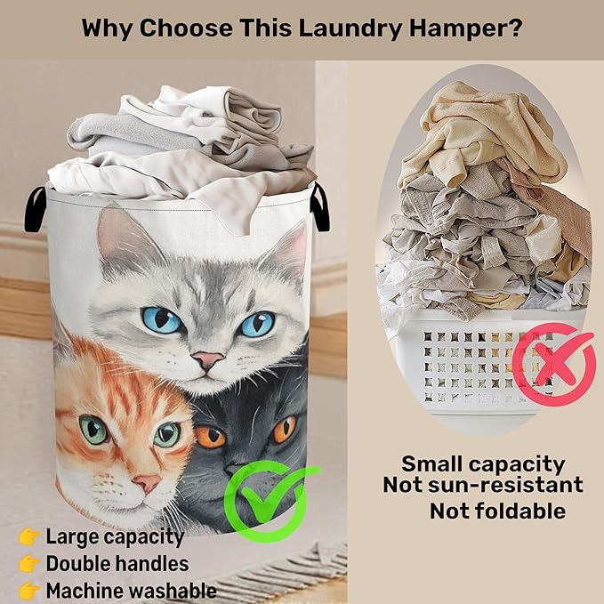 Cat Laundry Basket - Laundry Basket with Handles, Dirty Clothes Storage Basket for Women Girls, Cloth Storage Basket for Bedroom, Bathroom