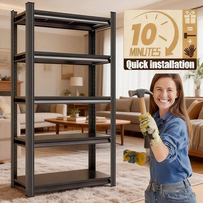 Notmise Book Shelf, 5 Tier Bookshelf, Modern Tall Bookcase for Garage Kit, CDs, Movies, Industrial Corner Storage Shelves for Bedroom Home Office Kitchen Living Room, Black