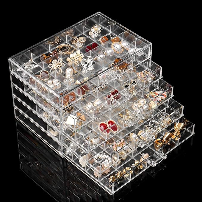 Earring Holder Organizer Acrylic Earring Storage Box for Girls Women Jewelry Organizer Display Case with 100 Small Compartment (Clear, 5 Drawers)