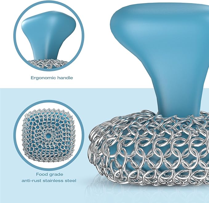 Purgreat Cast Iron Scrubber | Dish Scrub Brush | 316 Cast Iron Cleaner Chainmail Scrubber for Pan Skillet Cleaner - Dish Scouring Pad Dishwasher Safe Cleaning Kit, Blue