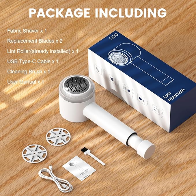 Lentorgi Fabric Shaver Electric Fuzz Remover, 2 in 1 Rechargeable Sweater Shaver with Lint Roller, Magnetic Cap, Digital Display, 2 Extra Blades, Defuzzer for Clothing Furniture Couch - White