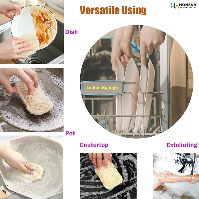 HONSVA Loofah Natural Kitchen Sponge (5 Pcs), No Scratch Scrubber for Dish Cleaning, 100% Plant Based Vegetable Scrubber, Zero Waste and Eco Friendly Sponge for Kitchen (3 Pcs Oval+2 Pcs Rectangular)