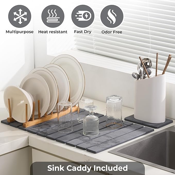 Large Stone Dish Drying Mat for Kitchen Counter, 2PCS Quick Dry Stone Dishes Mats, Foldable Water Absorbing Diatomaceous Earth Drying Pad for Bottles Dish Cups(Dark Gray 24"×16" & 8"x5")