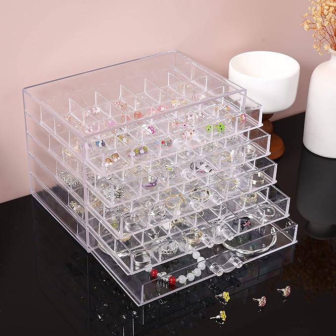 Acrylic Earring Storage Box, Jewelry Storage Holder Transparent Small Compartment Jewelry Display Stand with 5 Drawers for Earring Necklace Rings Bracelet