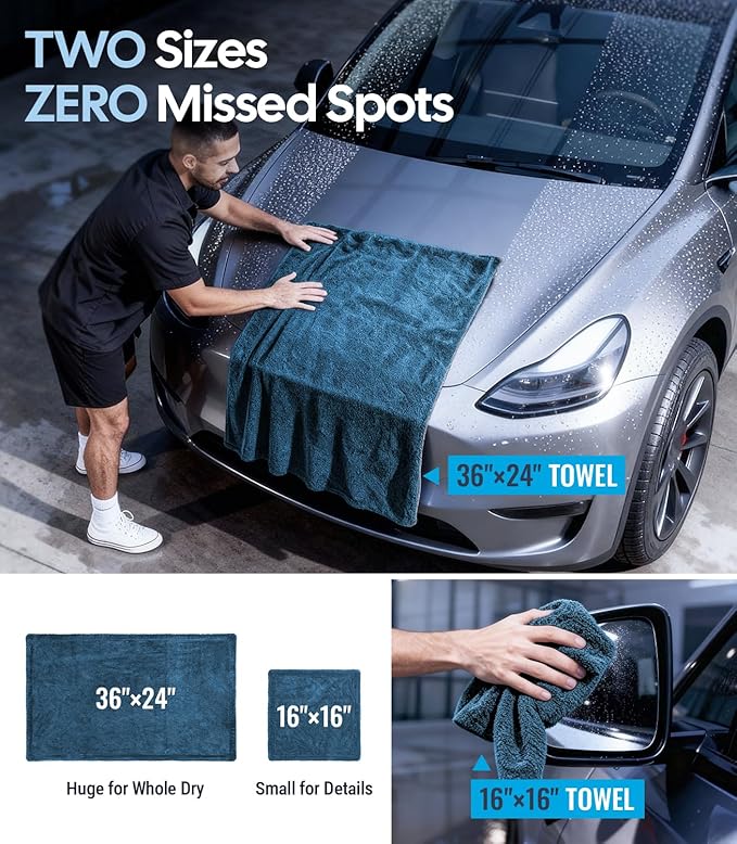 Wigoo Microfiber Car Drying Towels 36" x 24" [1300GSM Ultra-Absorbent, No Streaks & Scratches] Dual-Sided Edgeless Cleaning Towel with Twisted Loop, for Detailing, Cars, SUV, Truck (2-Size Blue Set)