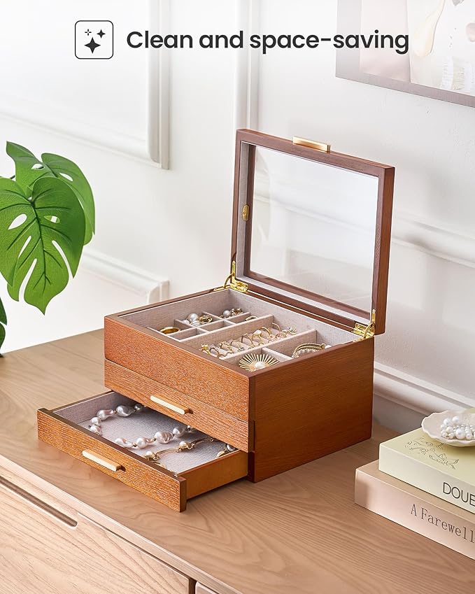 Lolalet Jewelry Box, Clear Window Wood Grain Jewelry Storage for Earrings Bracelets Necklaces Rings, High Capacity Organizer for Women -Cherrywood, 3 Layers