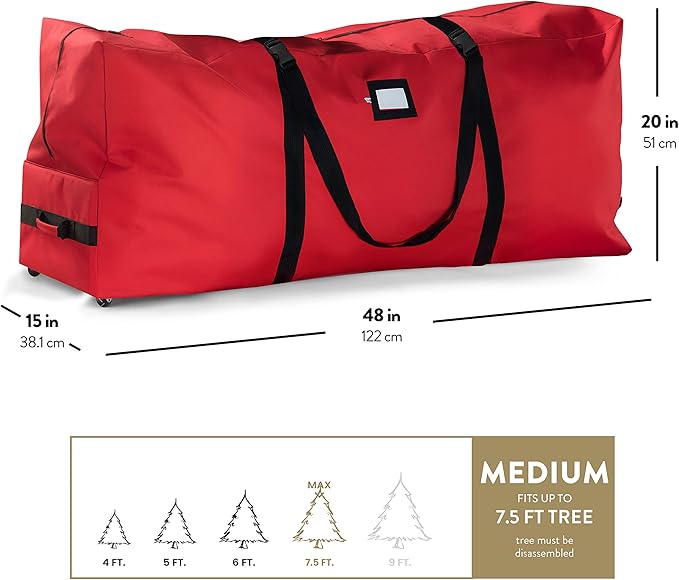ZOBER 600D Oxford Fabric Rolling Christmas Tree Storage Bag - Fits 7.5 Ft Artificial Trees - Waterproof Christmas Tree Bag For Storage Box For Xmas, Durable Handles and Wheels - Card Slot - Red