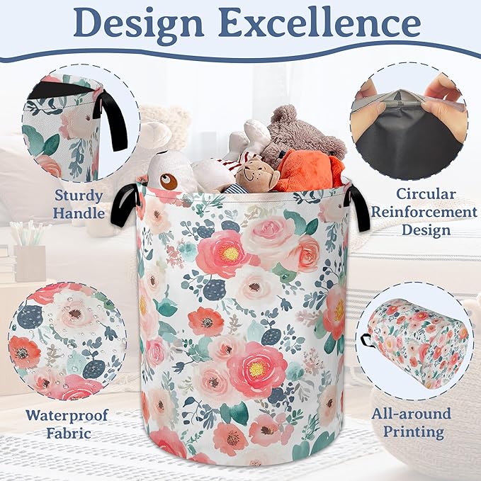 Pink Flowers Laundry Basket,Foldable Waterproof Oxford Cloth Tote Bag Cactus Laundry Hamper with Handles,20.8"x16" Clothes Storage Bucket Organizer for Laundry Room, Bathroom, Bedroom