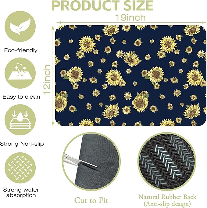 Hand Drawn Sunflower Dish Drying Mat Watercolor Sunflower Kitchen Mat 12"x19" Bsorbent Coffee Maker Mat for Dishes Utensils Coffee Maker Pots and Pans Easy Clean Dish Slip Resistant Pad