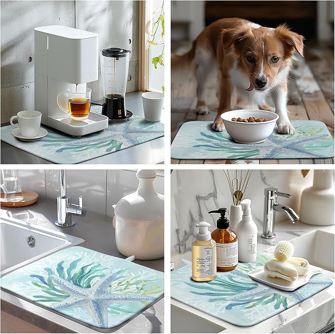 Wnoesat Summer Coastal Dish Drying Mat for Kitchen Counter Nautical Beach Starfish Coral Dish Drying Pad Ocean Teal Blue Dish Mat Absorbent Microfiber Dishes Drainer Mats 16"x18"