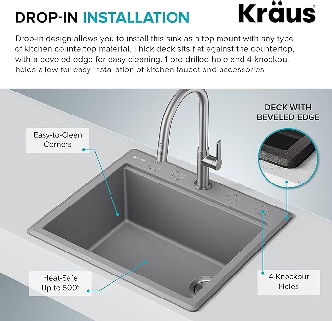 KRAUS Bellucci 25-inch Granite Workstation Drop In Top Mount Single Bowl Kitchen Sink in White with Accessories, KGTW12-25WH