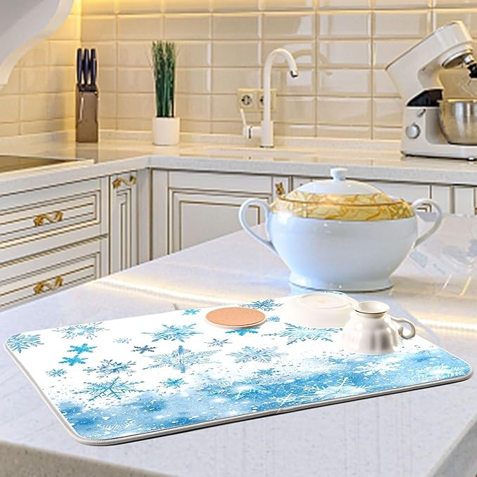 Winter Snowflake Blue Dish Drying Mat for Kitchen Countertop 18x24 Christmas Snowman White Xmas Large Drying Mat Reusable Quick Dry Dish Sink Mats Easy Clean Decorative Essentials