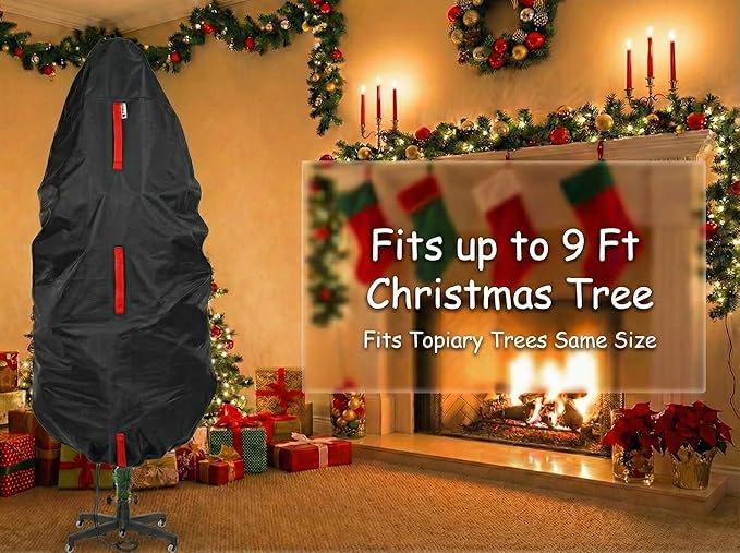 Upright Christmas Tree Storage Bag - Fits 9 Ft Artificial Xmas & Topiary Tree, Vertical Holiday Cover, Durable, Dustproof & Easy-Use Xmas Storage, Black