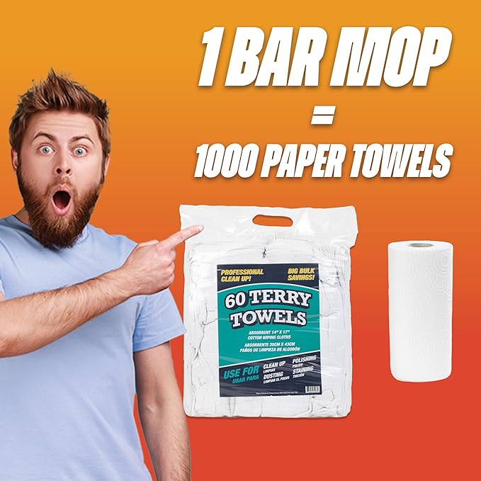 Arkwright TT60 Terry Cloth Towels for Cleaning - (Case of 300) 100% Cotton Washable Heavy Duty Bar Mop, Absorbent & Quick Drying, Bag of Rags for Kitchen, Auto Shop, and Garage, 14 x 17 in, White