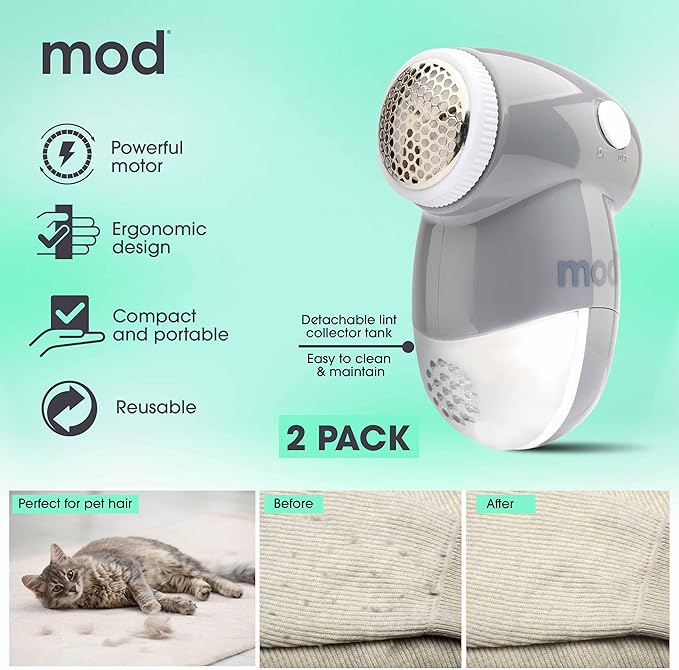 MOD 2 Pack Portable Fabric Shaver and Lint Remover, Reusable Pet Hair Remover, Lint Roller for Clothes, Sweater Shaver, Couch, Blankets with Detachable Lint Collector Tank, Battery Operated, Grey