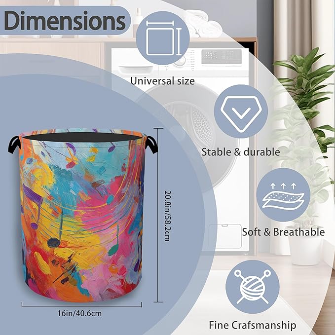 Colorful Music Symbols Laundry Basket,Foldable with Handles Tote Bag Oxford Cloth for Bathroom Bedroom Dirty Clothes Storage Bucket 16" x 20.8"