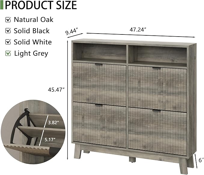 Shoe Cabinet with 4 Flip Drawers, 46" Tall Narrow Fluted Shoe Storage Organizer for Entryway, Hidden Slim Wooden Shoe Rack Cabinet for Front Door Entrance, Hallway, Living Room, Light Grey