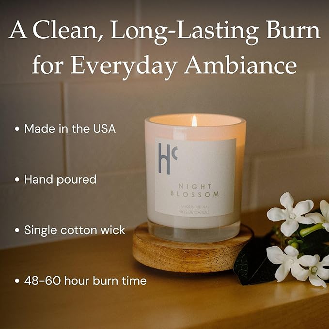 Night Blossom Single Wick Soy Candles, Luxury Scented Candles for Home - Up to 60 Hour Burn Time, Cruelty-Free Soy Wax Blend - Jasmine Fragrance, Notes of Apple & Musk (9 oz)