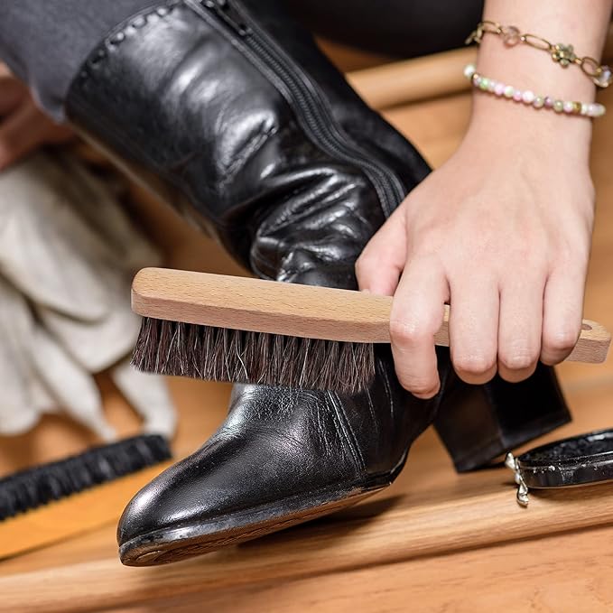 TAKAVU Horsehair Shoe Boot Brush 10.2 Inches - Hat Brush, Hand Broom With 100% Soft Genuine Horse Hair Bristles, Long Beech Wood Handle for Cleaning Shoes, Boots, Counters, Beds, Clothes, Furniture
