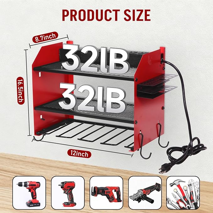 Power Tool Organizer Wall Mount with Charging Station, Heavy Duty 3 Layers Tool Storage Rack with 4 Cordless Drill Holder, Battery Holder with 8 Power Strip, Ideal for Garage, Warehouse, Workshop