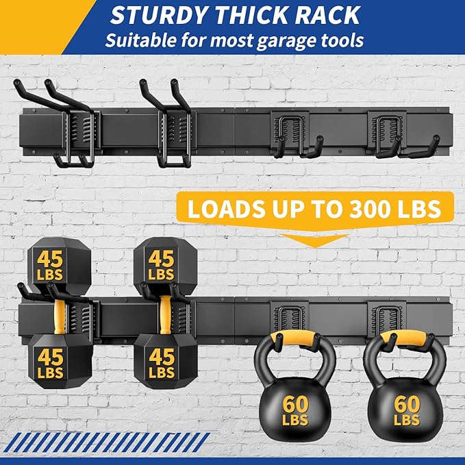 UUP 32 Inches Garage Storage, Garage Organization, Wall Mount Garden Tool Organizer, Max 300lbs Adjustable Metal Hooks, Yard Shed Hanging Rack, Heavy Duty Shelving for Rake Broom Mop Snowboard