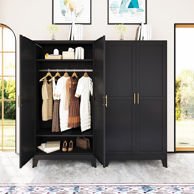71 "Metal Armoire Wardrobe Closet, Steel Clothing Storage Cabinet with Adjustable Shelves and Hanging Rod, Household Steel Wardrobe Storage Cabinet with Adjustable Standing feet（Black）