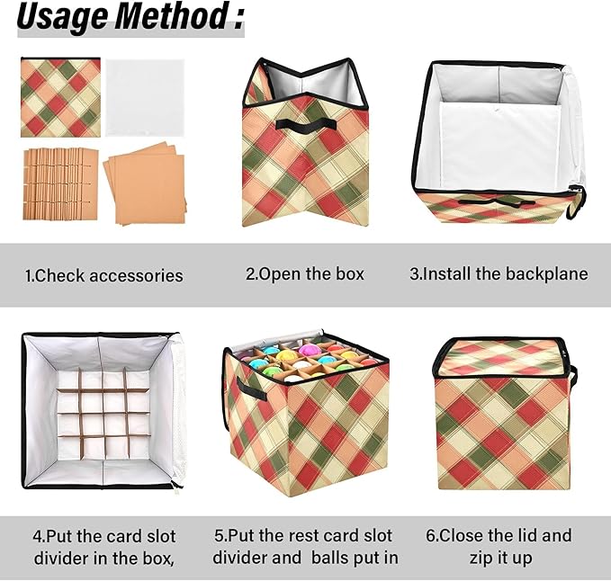 Red and Green Plaid Christmas Ornament Storage Box, Hold 64 Holiday Ornament 3”, Adjustable Dividers Handle Zipper Storage Container, Xmas Decoration Accessories
