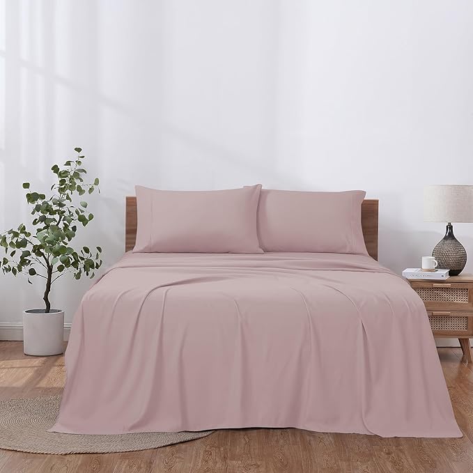 Modern Threads Soft Microfiber Solid Sheets - Luxurious Microfiber Bed Sheets - Includes Flat Sheet, Fitted Sheet with Deep Pockets, & Pillowcases Cameo Rose Queen