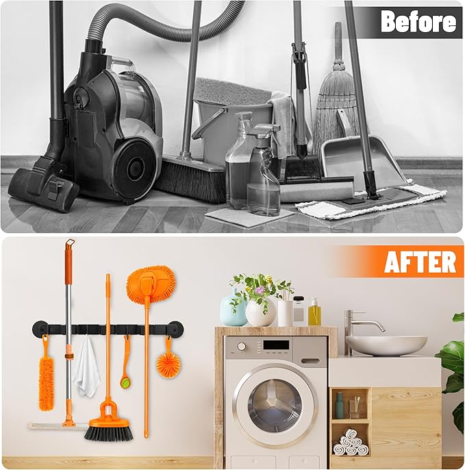 Magnetic Broom Holder Wall Mount with 4 Hooks and 3 Rack- Heavy Duty Non-Slip Mop Hanger for Wet Mops &Cleaning Tools on Refrigerator,Metal Door,Garage,Kitchen (3Racks 4Hooks)