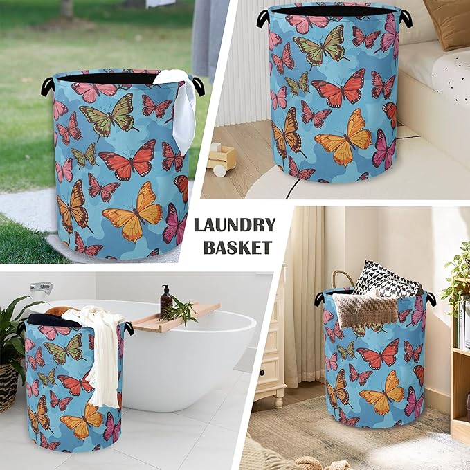 Colorful Butterfly Laundry Basket,Foldable Oxford Cloth Tote Bag Laundry Hamper Clothes Storage Bucket Organizer for Bedroom Laundry Storage Dormitories 16" x 20.8"