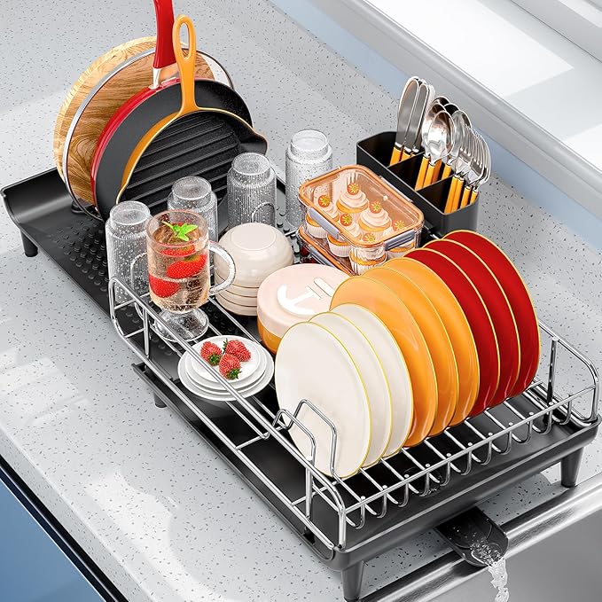 TOOLF Expandable Dish Rack, Dish Drying Rack for Kitchen Counter, Foldable Dish Dryer Rack, Stainless Steel Dish Drainer Racks with Cutlery Holder, Collapsible Dish Drying Racks Large Size,Black