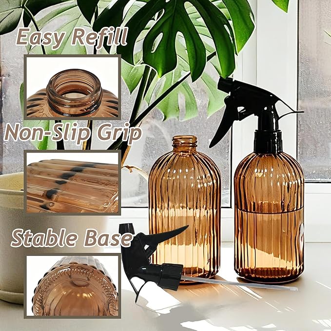 Glass Plant Spray Bottle, 13.5oz Refillable Plant Mister Bottle, 2 pcs Handheld Water Spray Bottle with Adjustable Mist Nozzle for Outdoor Gardening, Indoor Flowers, Cleaning, Hair & Pets Care (Brown)
