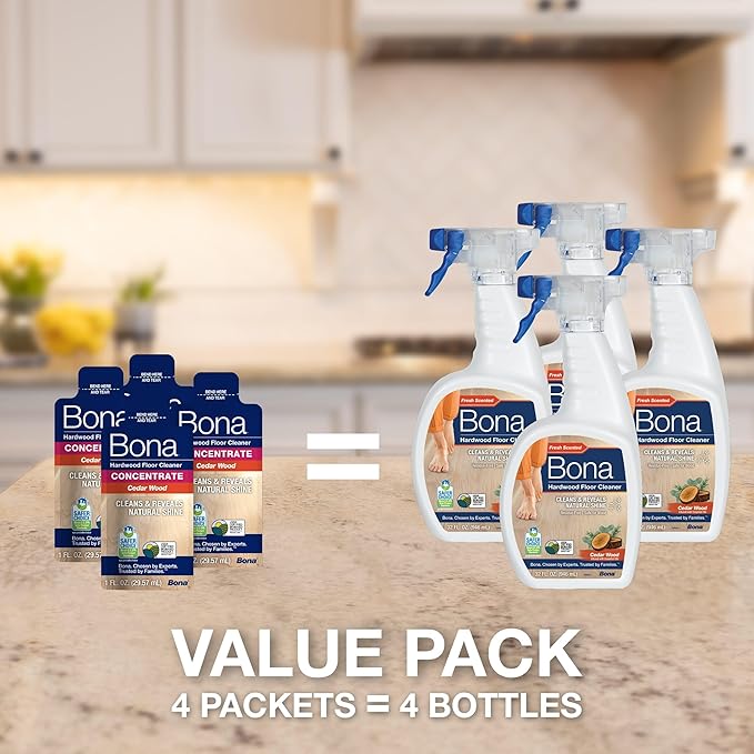 Bona Hardwood Floor Cleaner Concentrate, Cedar Wood Scent, 1 fl oz, Pack of 4 (Makes 128 fl oz) - Residue-Free Floor Cleaning Concentrate Spray Mop and Spray Bottle Refill - For Wood Floors