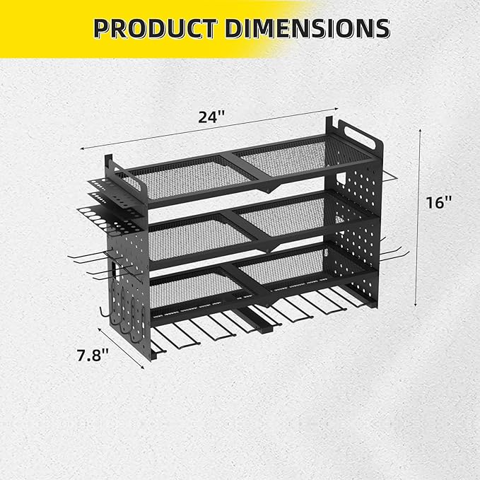 Power Tool Organizer Wall Mount with Charging Station, 4 Layers 6 Drill Holder, Heavy Duty Storage Utility Racks, Supports 600 lbs,Battery Shelf for Garage and Workbench (24 Inch 6 Drills Holder)