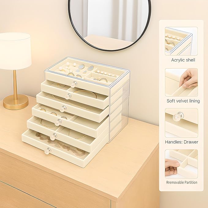 Earring Holder Organizer, Acrylic Jewelry Box with 6 Drawers, Earring Storage Box for Earrings, Rings, Necklaces, Bracelets, Jewelry Organizer and Storage for Women, Velvet Trays, Christmas Gift