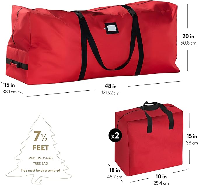 ZOBER Christmas Tree Storage Bag - With 2 Ornaments Accessories/Garland Bags - Fits 7.5 Ft Trees - 600D Oxford Fabric Christmas Tree Bag For Storage Box For Xmas - Strong, Durable Handles - Red