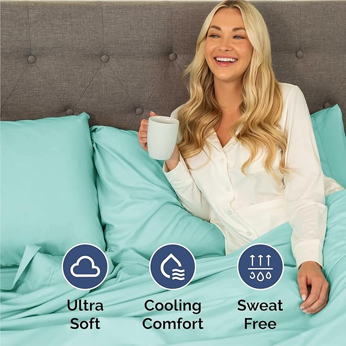 Cal King 6 Piece Sheet Set - Comfy Breathable & Cooling - Ultra-Soft Hotel Luxury Bedding Set w/ 8-16 Inch Deep Pockets - 1 Flat & 1 Fitted Sheet & 4 Pillowcases - Wrinkle Free & Easy Care - Spa Blue
