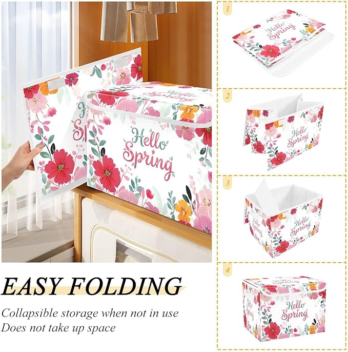 Bolaz Spring Flowers Storage Bins with Lids and Handles, Foldable Storage Box Storage Basket with Cover Collapsible Organizer Containers for Home Closet, Shelves