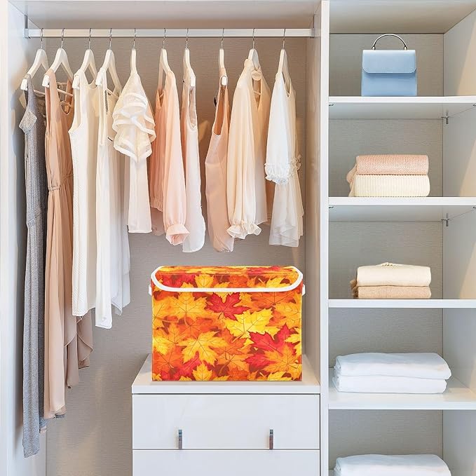 Bolaz Storage Bins with Lids and Handles, Fall Maple Leaves in Autumn Storage Box Storage Basket with Cover Collapsible Organizer Containers for Home Closet, Shelves