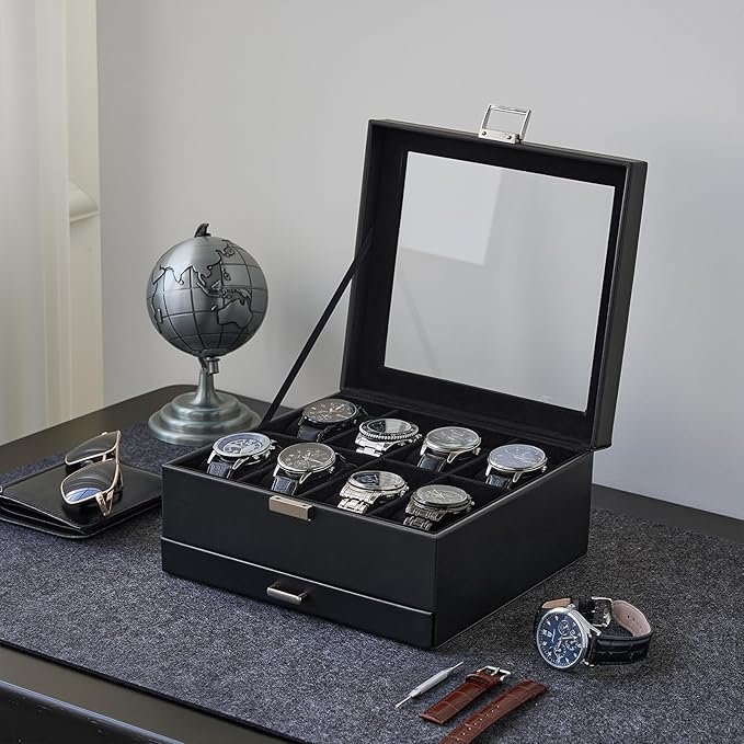 ProCase Watch Case, 8 Slot Mens Watch Box Holder Organizer with Glass Lid, 2-Layer Watches Display Case, Mens Jewelry Box with Drawer, Birthday Valentine Gifts for Men Women -8 Slot, Black