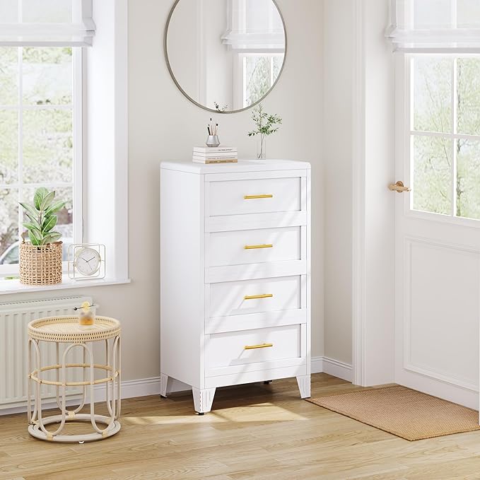 Metal Dresser Tall Narrow Dresser for Bedroom Chest, 44.45" H Drawer Chest, Closet Dressers & Chests of Drawers for Living Room, Hallway (4 Drawers White 24inch Wide)