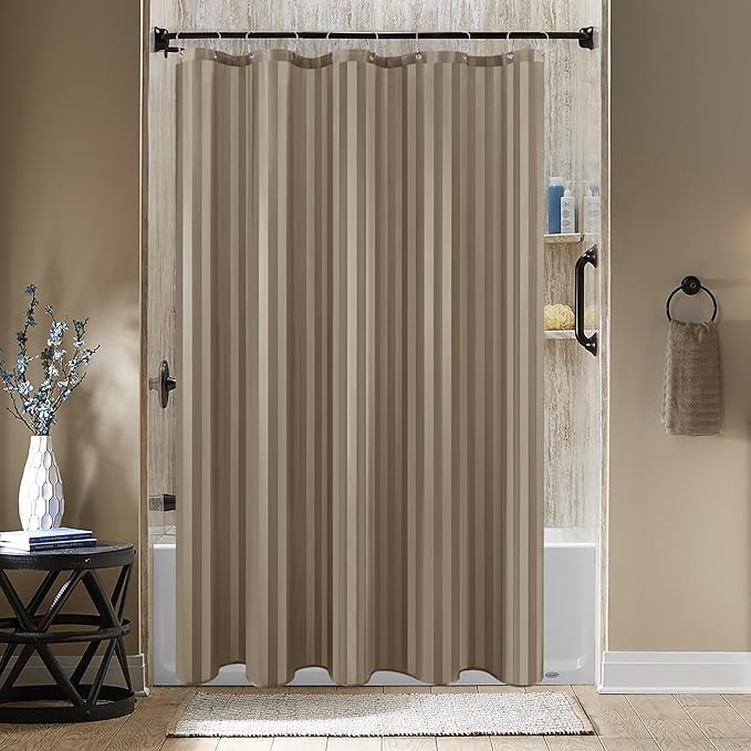 Biscaynebay Fabric Shower Curtain or Liner 72" by 72", Taupe Water Repellent Damask Stripes Bathroom Curtains Machine Washable