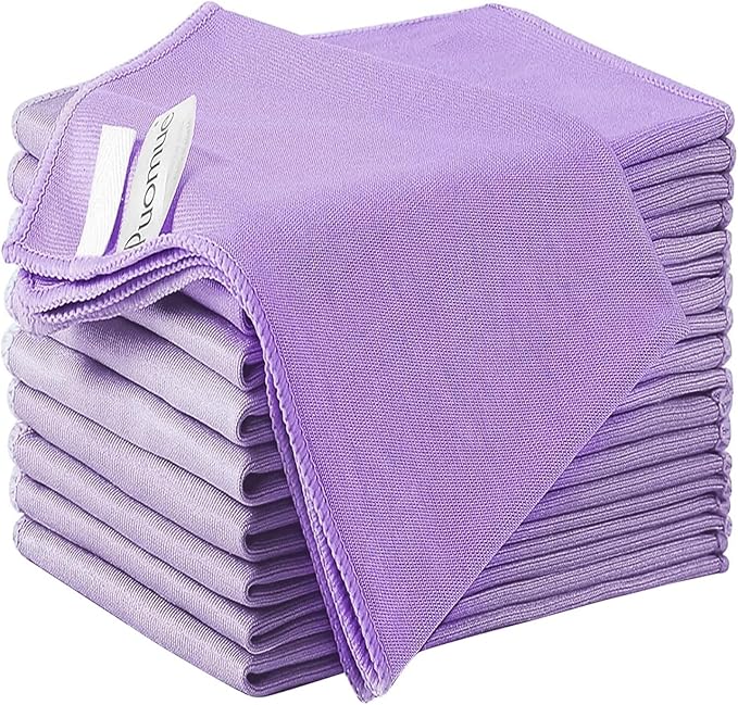 Puomue 10 Pack Microfiber Glass Cleaning Cloth, 10.8 Inch X 13.8 Inch, Lint Free Quickly Clean Windows, Mirrors, Glasses, Phone Screens, Camera Lenses, Purple